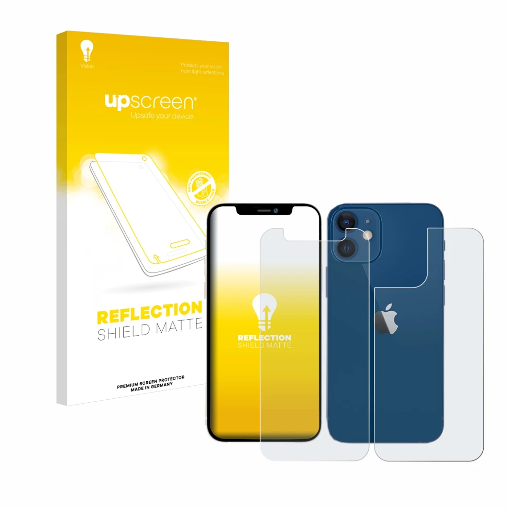 Parte frontale di una confezione del prodotto con il logo del marchio upscreen. Accanto è raffigurato il dispositivo Apple iPh