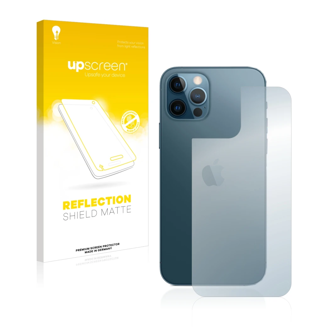 Parte frontale di una confezione del prodotto con il logo del marchio upscreen. Accanto è raffigurato il dispositivo Apple iPh