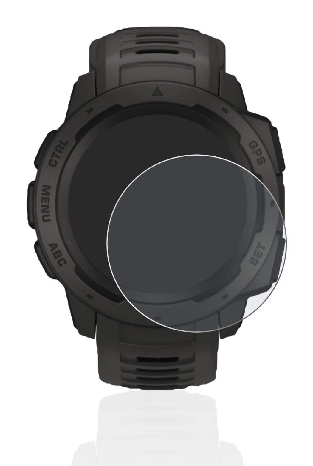 Immagine del dispositivo Garmin Instinct Solar con un'ampia varietà di protezioni per lo schermo.