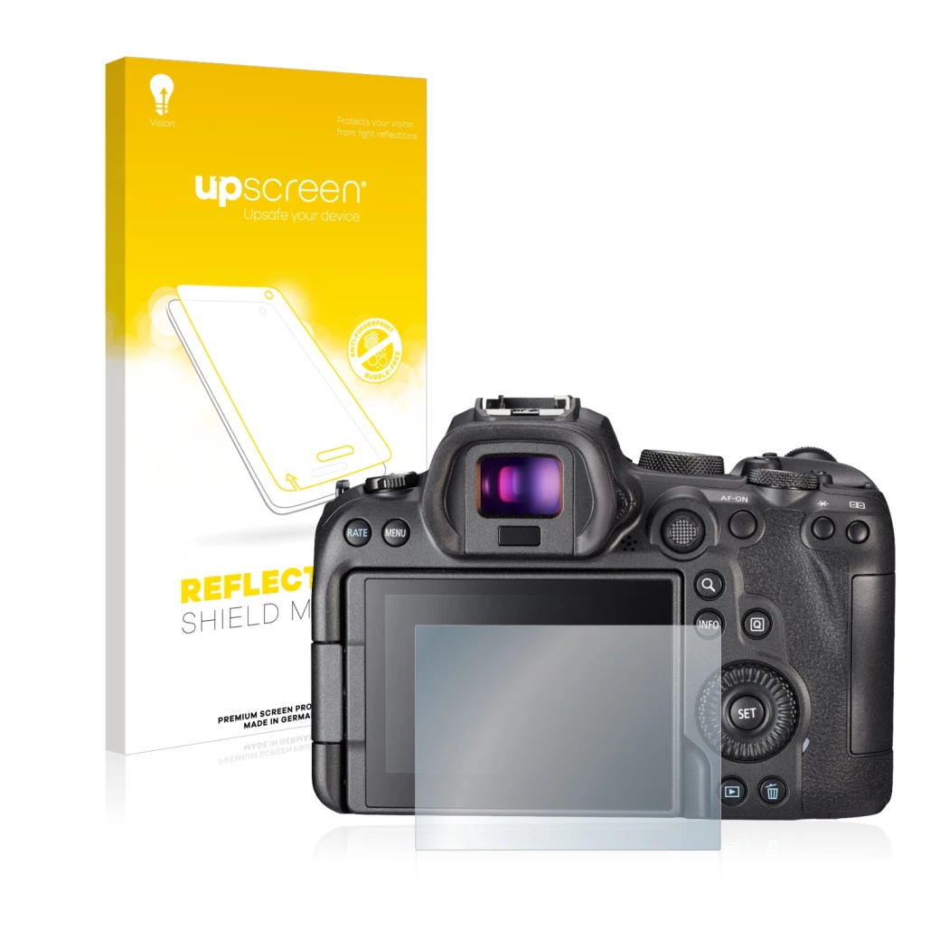 Parte frontale di una confezione del prodotto con il logo del marchio upscreen. Accanto è raffigurato il dispositivo Sony A7S