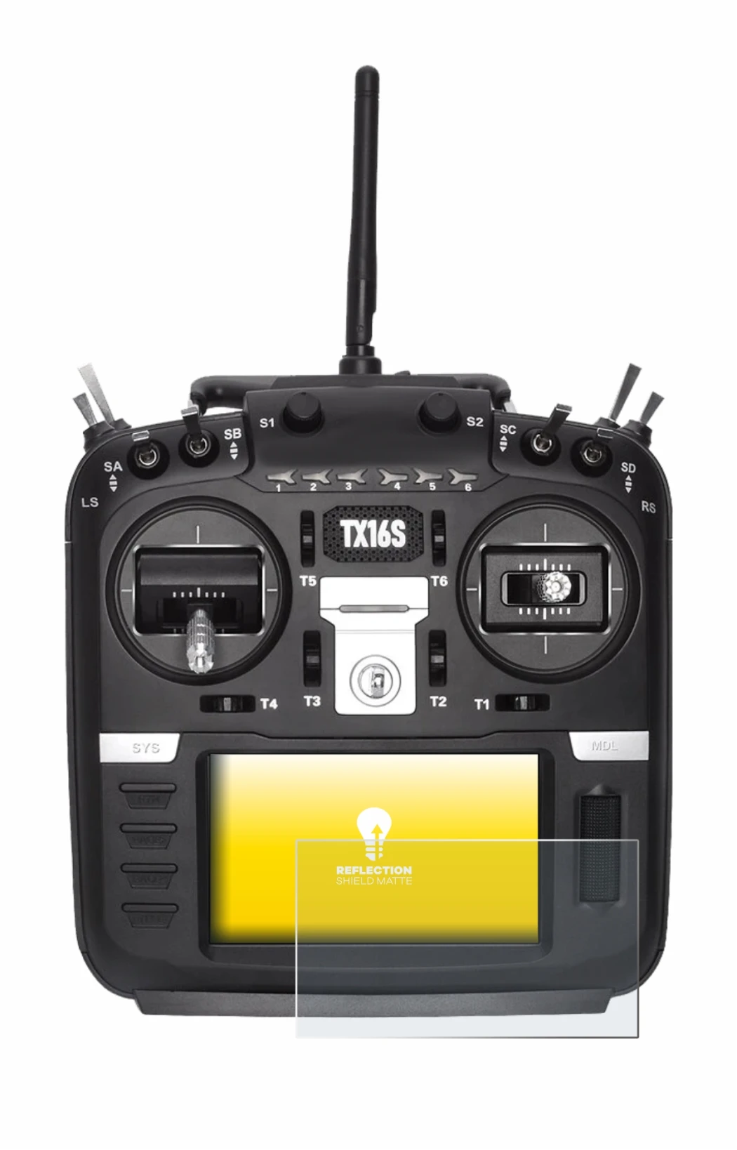 Immagine del dispositivo Radiomaster TX16S con un'ampia varietà di protezioni per lo schermo.