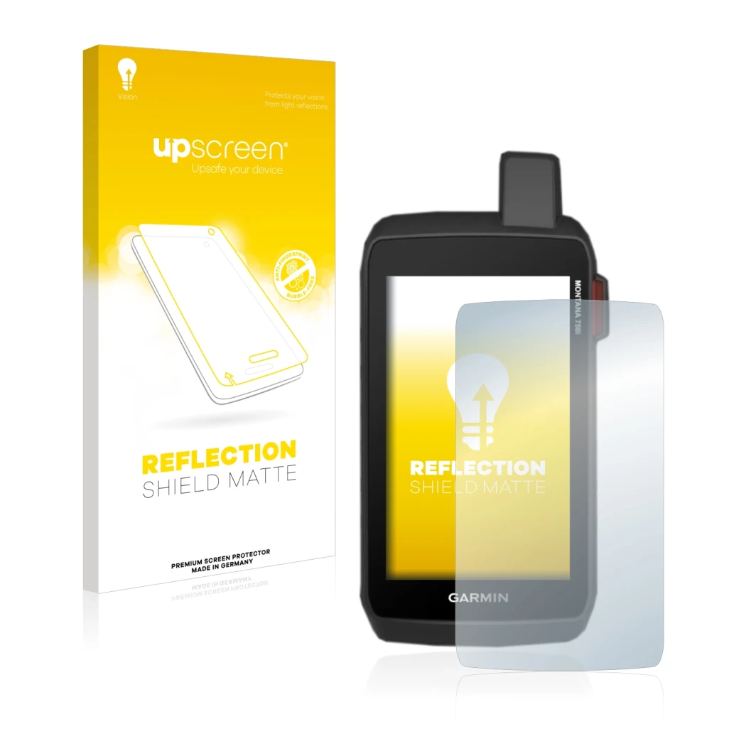 Parte frontale di una confezione del prodotto con il logo del marchio upscreen. Accanto è raffigurato il dispositivo Garmin Mo