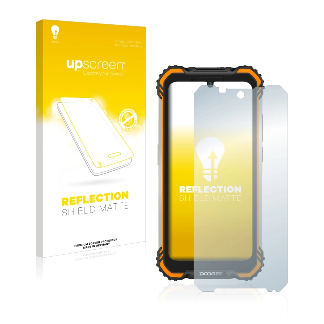 Parte frontale di una confezione del prodotto con il logo del marchio upscreen. Accanto è raffigurato il dispositivo Doogee S5