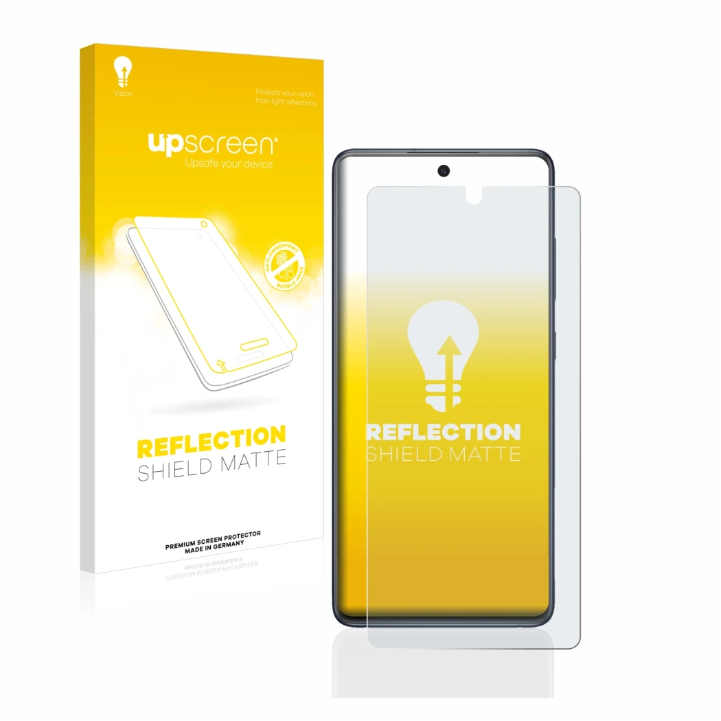 Parte frontale di una confezione del prodotto con il logo del marchio upscreen. Accanto è raffigurato il dispositivo Samsung G