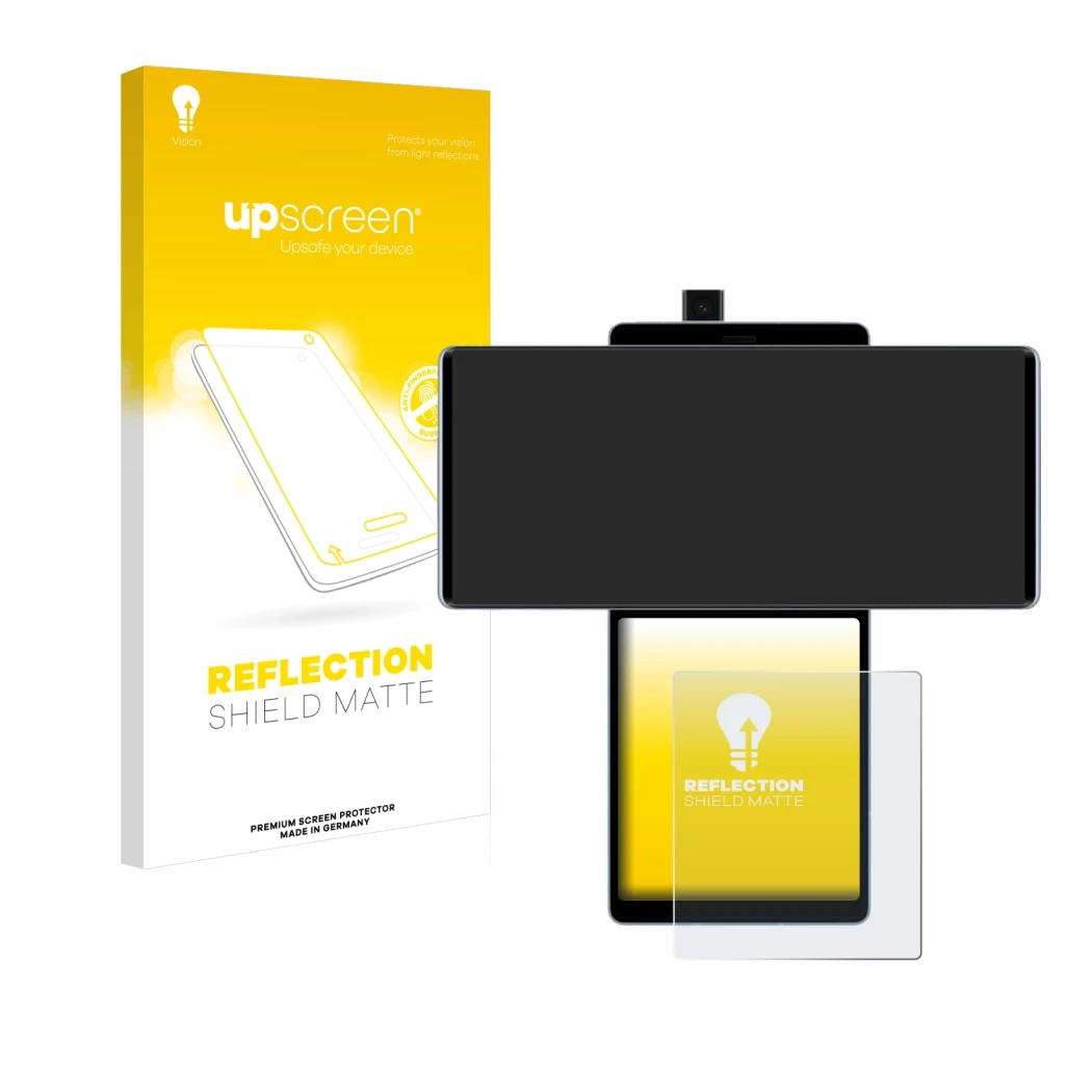 Parte frontale di una confezione del prodotto con il logo del marchio upscreen. Accanto è raffigurato il dispositivo LG Wing (