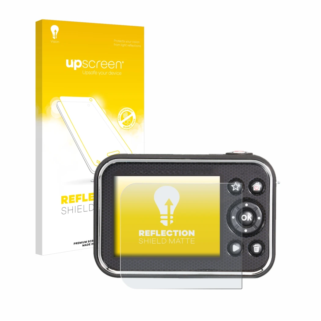 Parte frontale di una confezione del prodotto con il logo del marchio upscreen. Accanto è raffigurato il dispositivo Vtech Kid