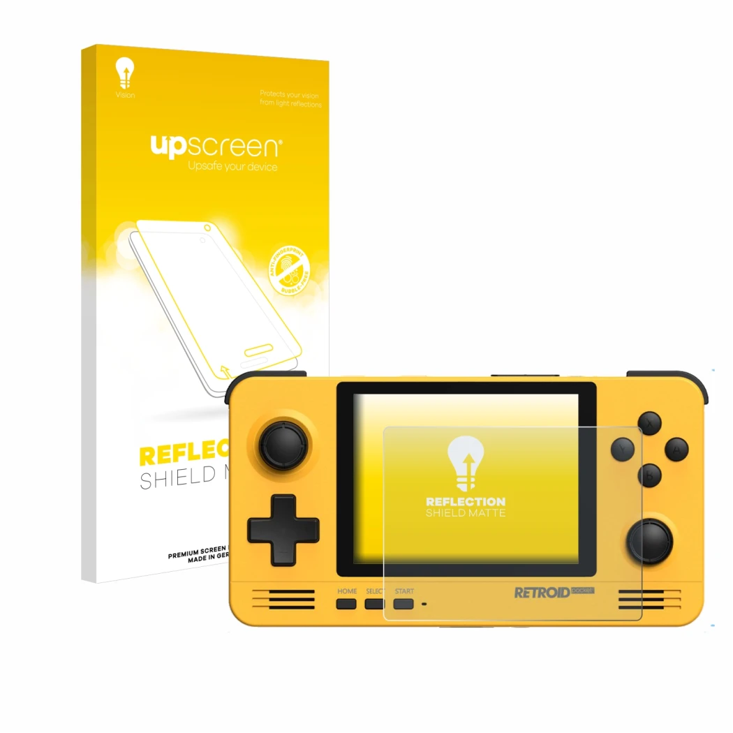 Parte frontale di una confezione del prodotto con il logo del marchio upscreen. Accanto è raffigurato il dispositivo Retroid P