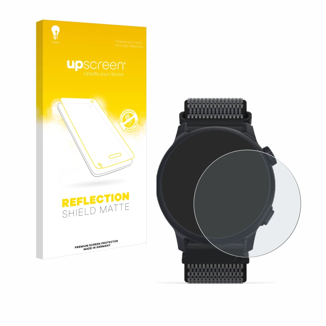 Parte frontale di una confezione del prodotto con il logo del marchio upscreen. Accanto è raffigurato il dispositivo Coros Pac