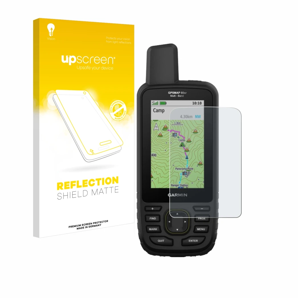 Parte frontale di una confezione del prodotto con il logo del marchio upscreen. Accanto è raffigurato il dispositivo Garmin GP