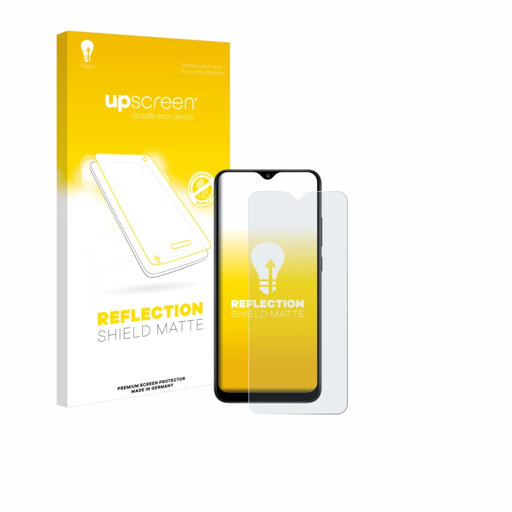 Parte frontale di una confezione del prodotto con il logo del marchio upscreen. Accanto è raffigurato il dispositivo Samsung G
