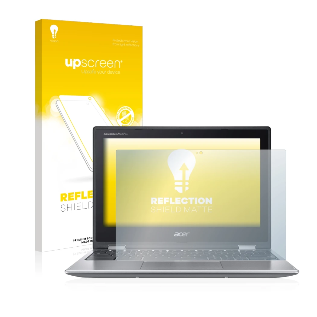 Parte frontale di una confezione del prodotto con il logo del marchio upscreen. Accanto è raffigurato il dispositivo Acer Chro