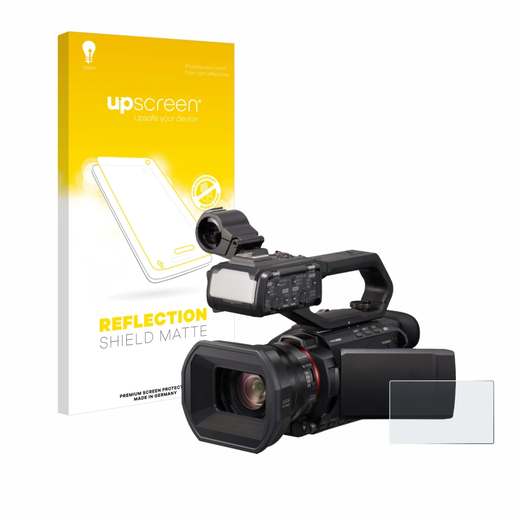 Parte frontale di una confezione del prodotto con il logo del marchio upscreen. Accanto è raffigurato il dispositivo Panasonic