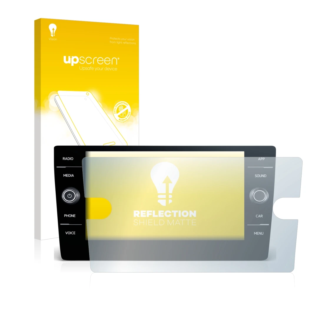 Parte frontale di una confezione del prodotto con il logo del marchio upscreen. Accanto è raffigurato il dispositivo Volkswage