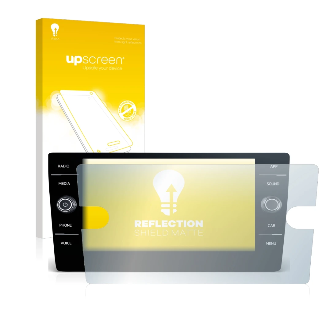 Parte frontale di una confezione del prodotto con il logo del marchio upscreen. Accanto è raffigurato il dispositivo Volkswage