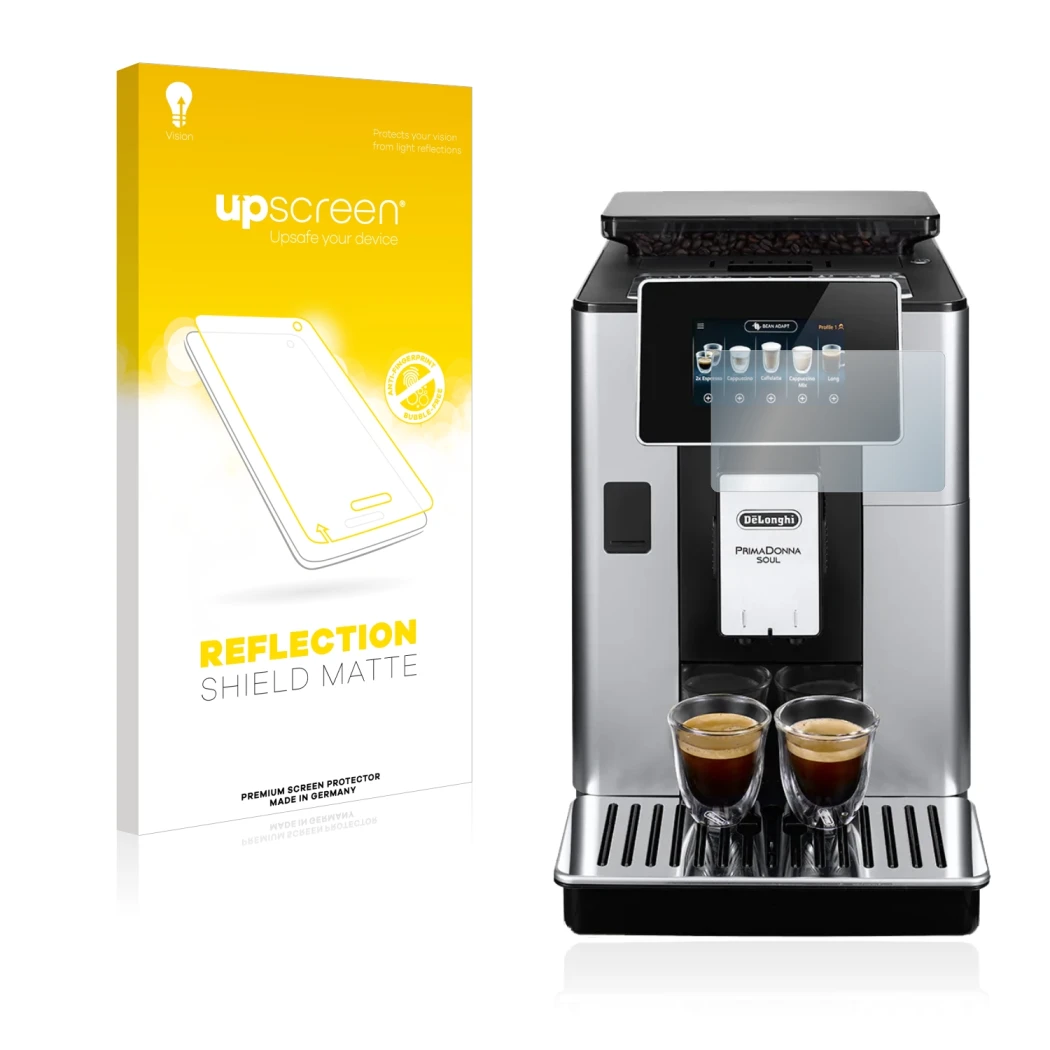 Parte frontale di una confezione del prodotto con il logo del marchio upscreen. Accanto è raffigurato il dispositivo DeLonghi 