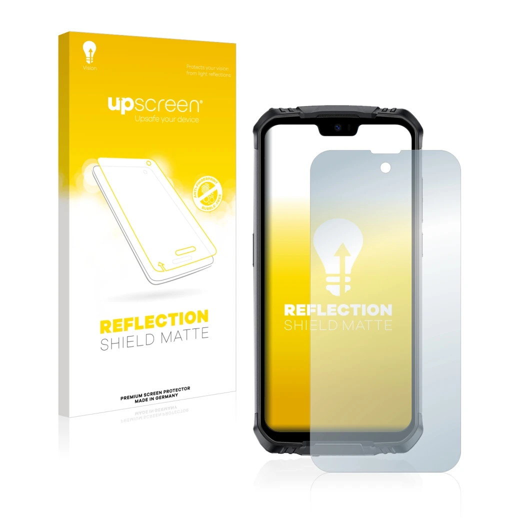 Parte frontale di una confezione del prodotto con il logo del marchio upscreen. Accanto è raffigurato il dispositivo Doogee S5