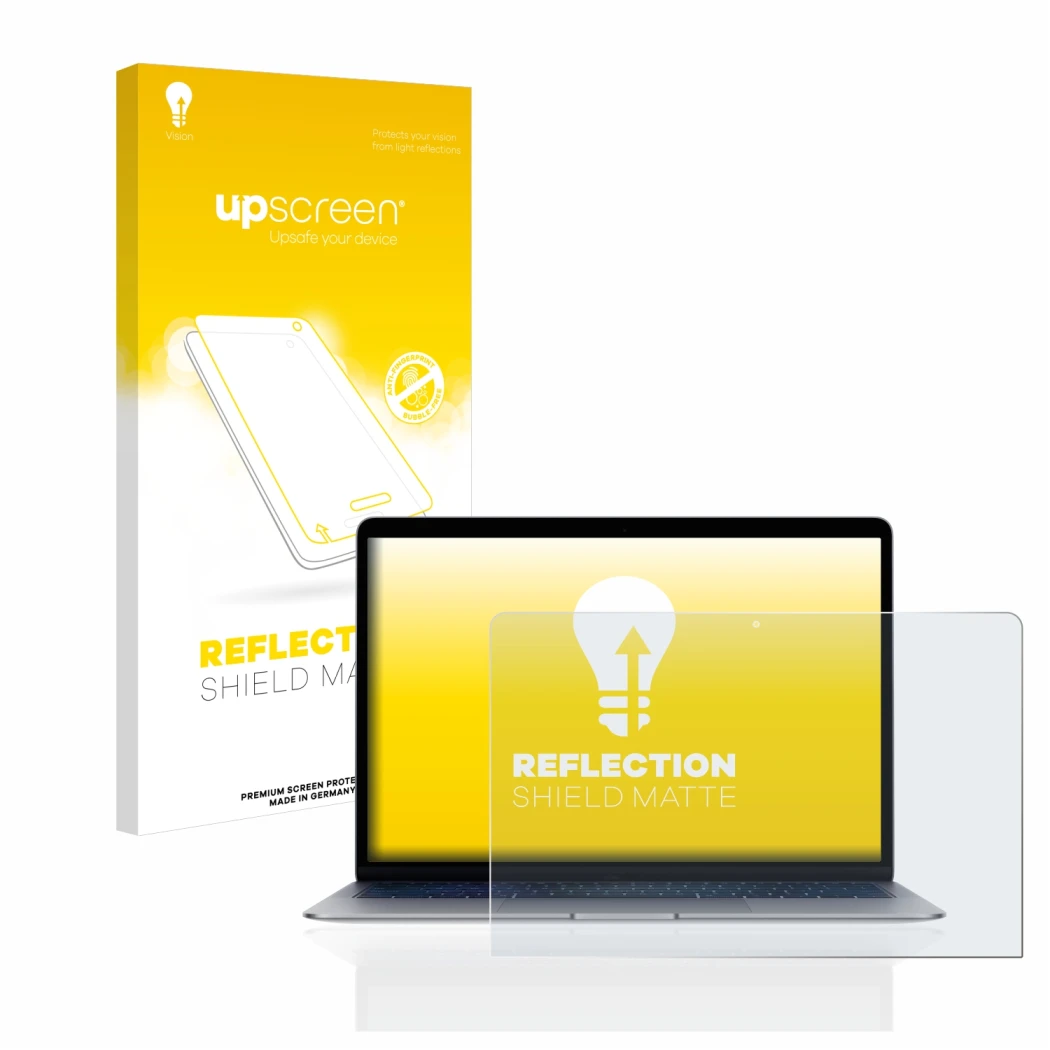 Parte frontale di una confezione del prodotto con il logo del marchio upscreen. Accanto è raffigurato il dispositivo Apple Mac