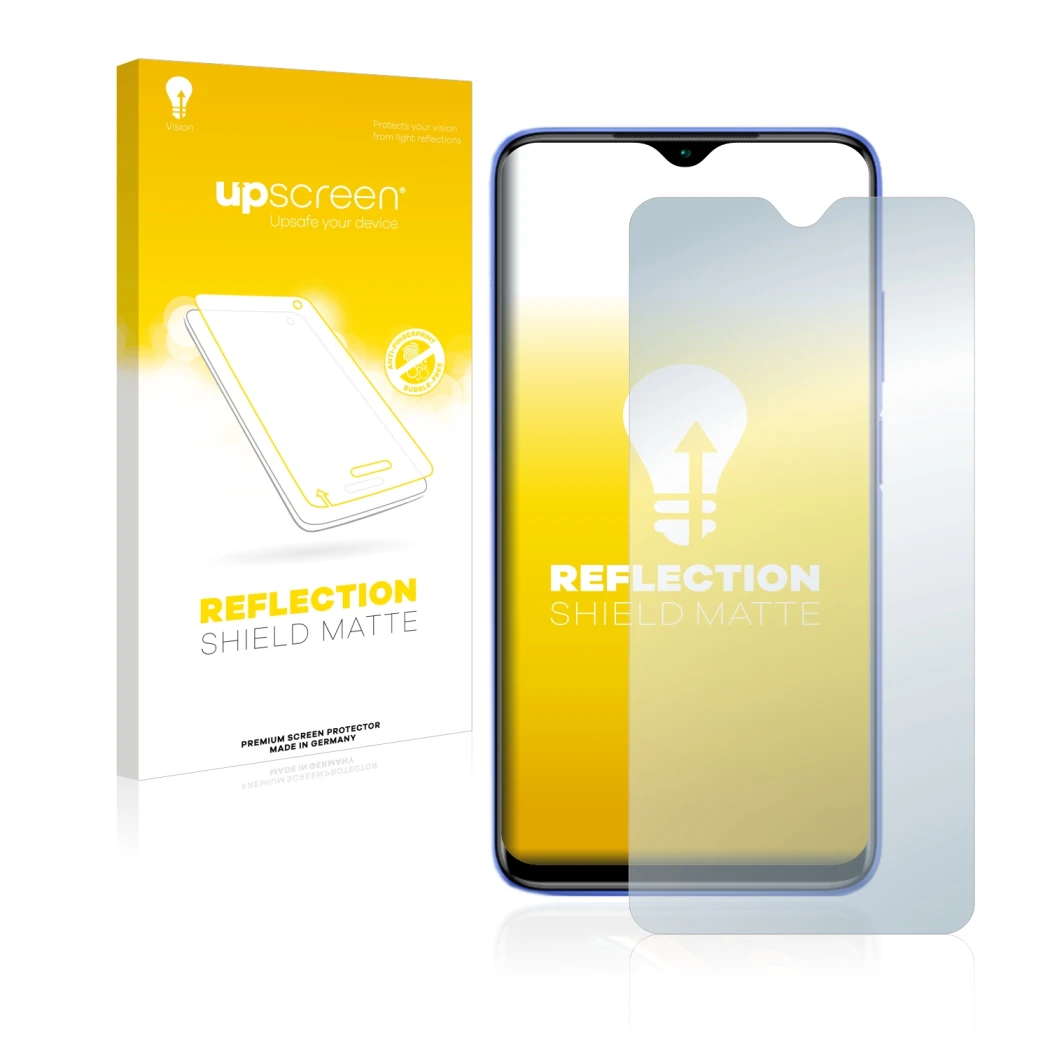 Parte frontale di una confezione del prodotto con il logo del marchio upscreen. Accanto è raffigurato il dispositivo Xiaomi Re