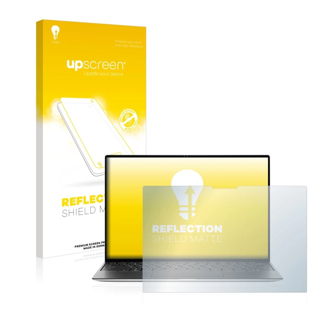 Parte frontale di una confezione del prodotto con il logo del marchio upscreen. Accanto è raffigurato il dispositivo Dell XPS