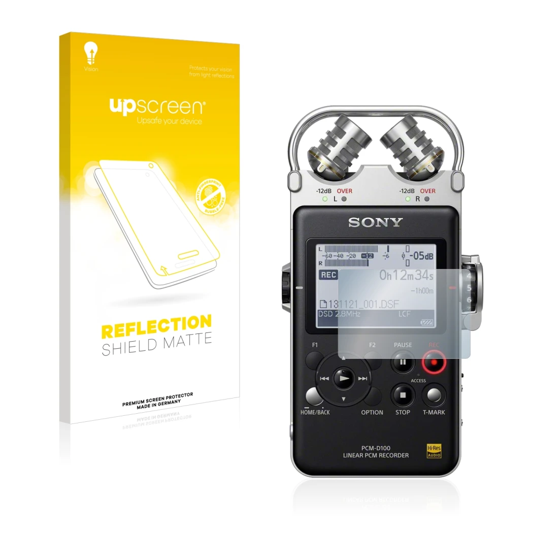 Parte frontale di una confezione del prodotto con il logo del marchio upscreen. Accanto è raffigurato il dispositivo Sony PCM