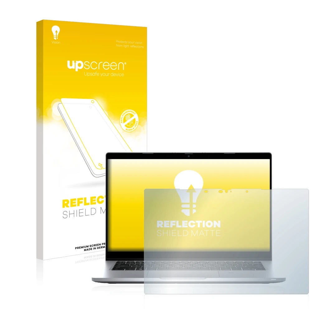 Parte frontale di una confezione del prodotto con il logo del marchio upscreen. Accanto è raffigurato il dispositivo Dell Lati