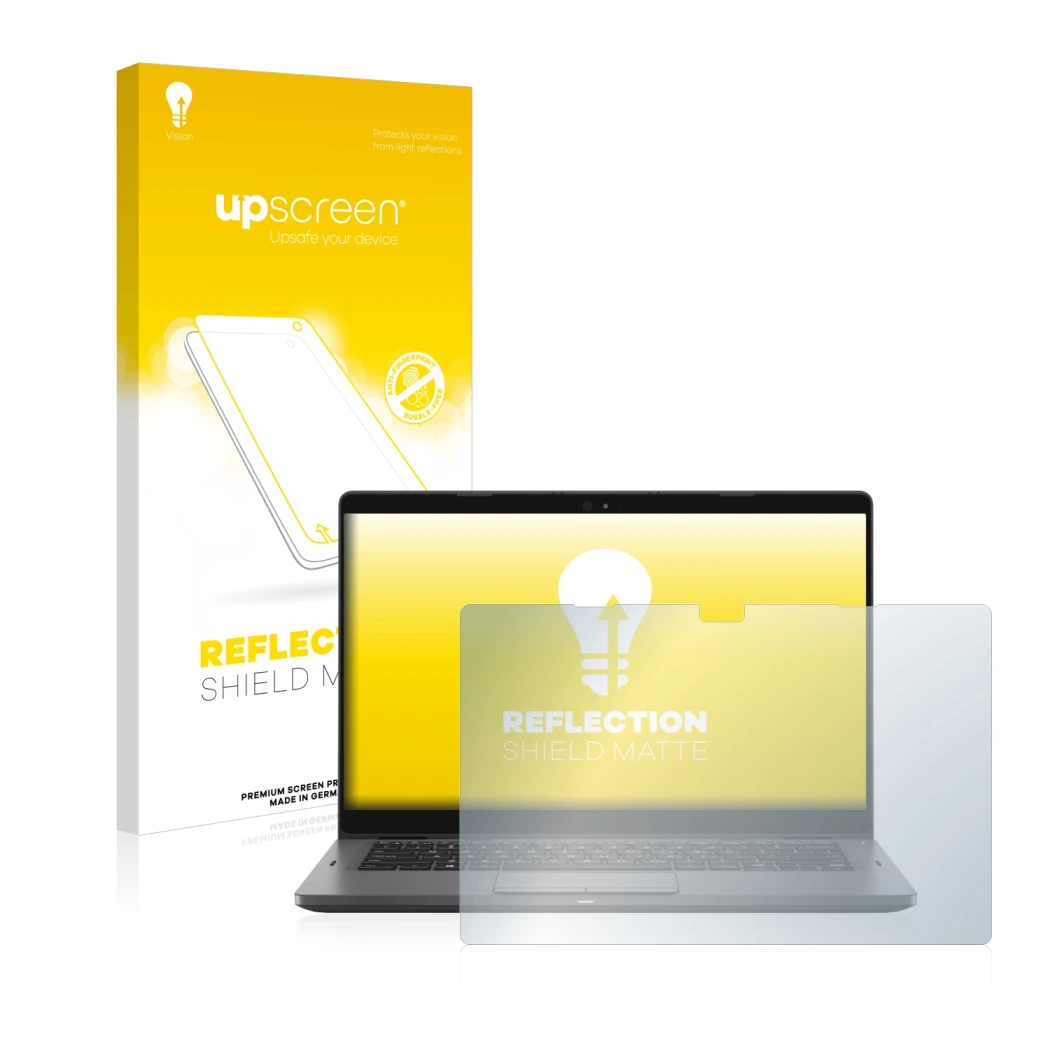 Parte frontale di una confezione del prodotto con il logo del marchio upscreen. Accanto è raffigurato il dispositivo Dell Lati