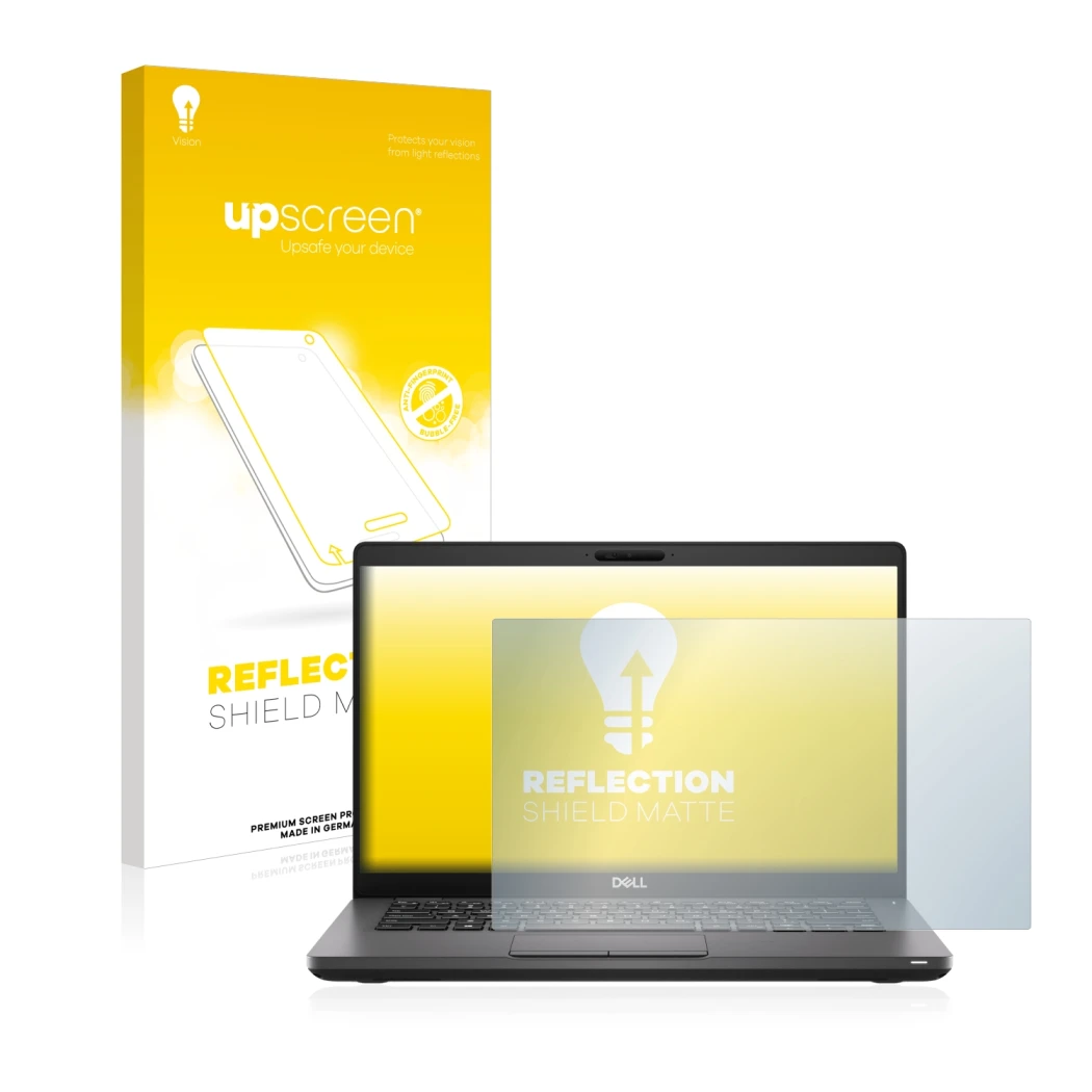 Parte frontale di una confezione del prodotto con il logo del marchio upscreen. Accanto è raffigurato il dispositivo Dell Lati