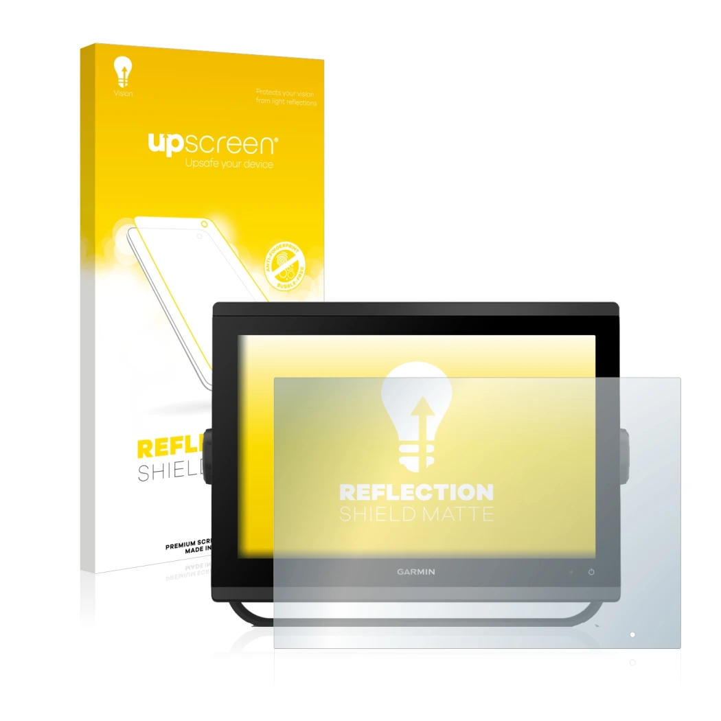 Parte frontale di una confezione del prodotto con il logo del marchio upscreen. Accanto è raffigurato il dispositivo Garmin GP