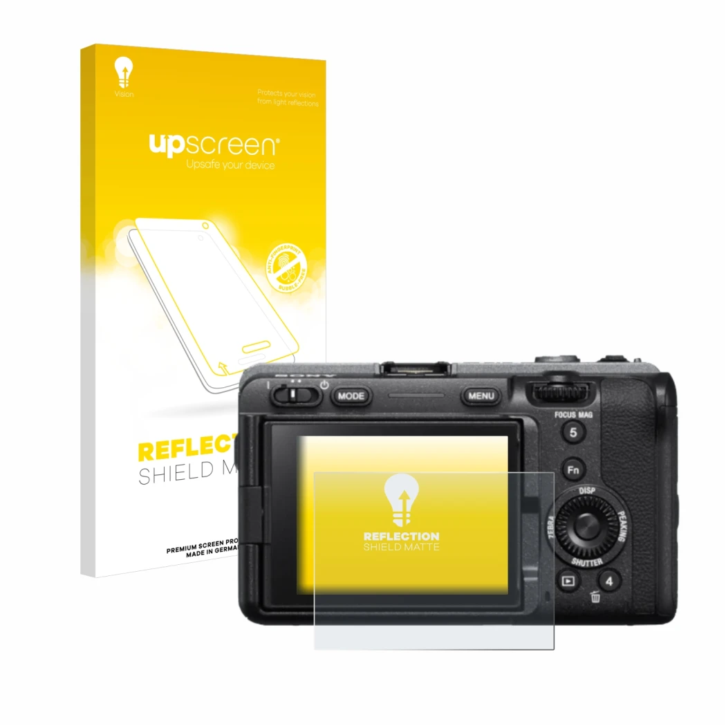 Parte frontale di una confezione del prodotto con il logo del marchio upscreen. Accanto è raffigurato il dispositivo Sony FX3