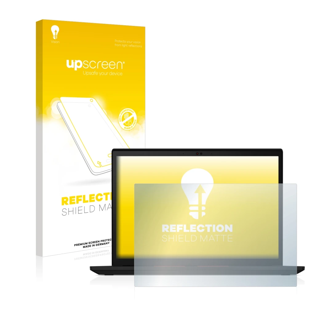 Parte frontale di una confezione del prodotto con il logo del marchio upscreen. Accanto è raffigurato il dispositivo Lenovo Th