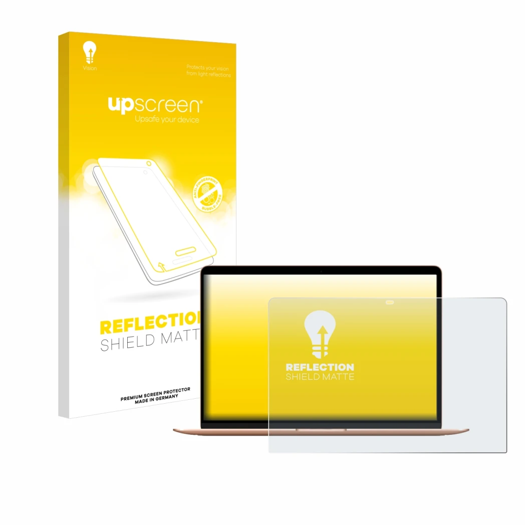 Parte frontale di una confezione del prodotto con il logo del marchio upscreen. Accanto è raffigurato il dispositivo Apple Mac