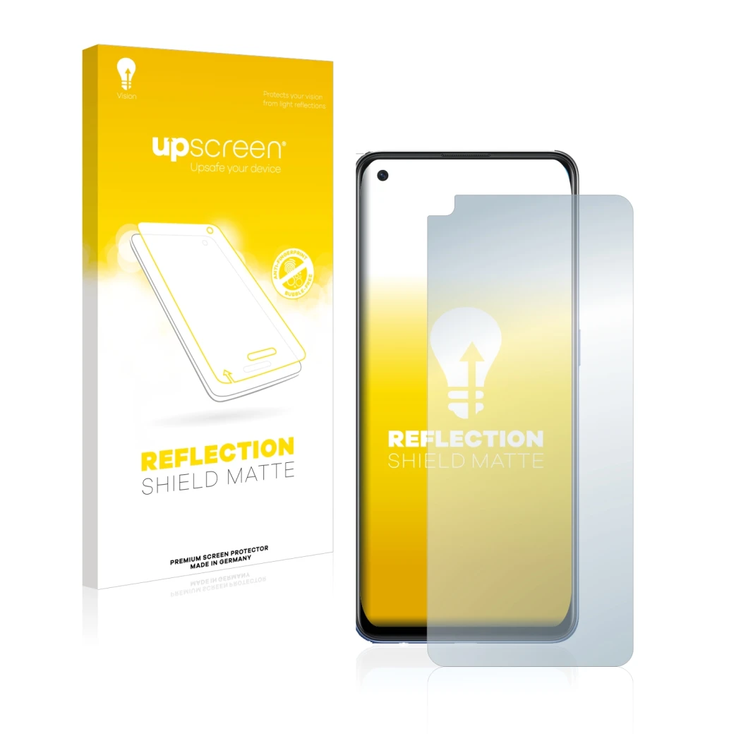 Parte frontale di una confezione del prodotto con il logo del marchio upscreen. Accanto è raffigurato il dispositivo Oppo A74