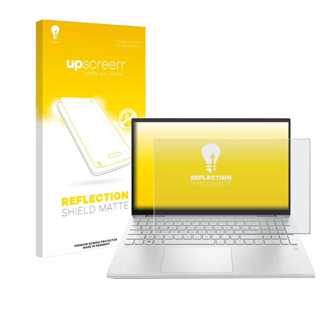 Parte frontale di una confezione del prodotto con il logo del marchio upscreen. Accanto è raffigurato il dispositivo HP Pavili