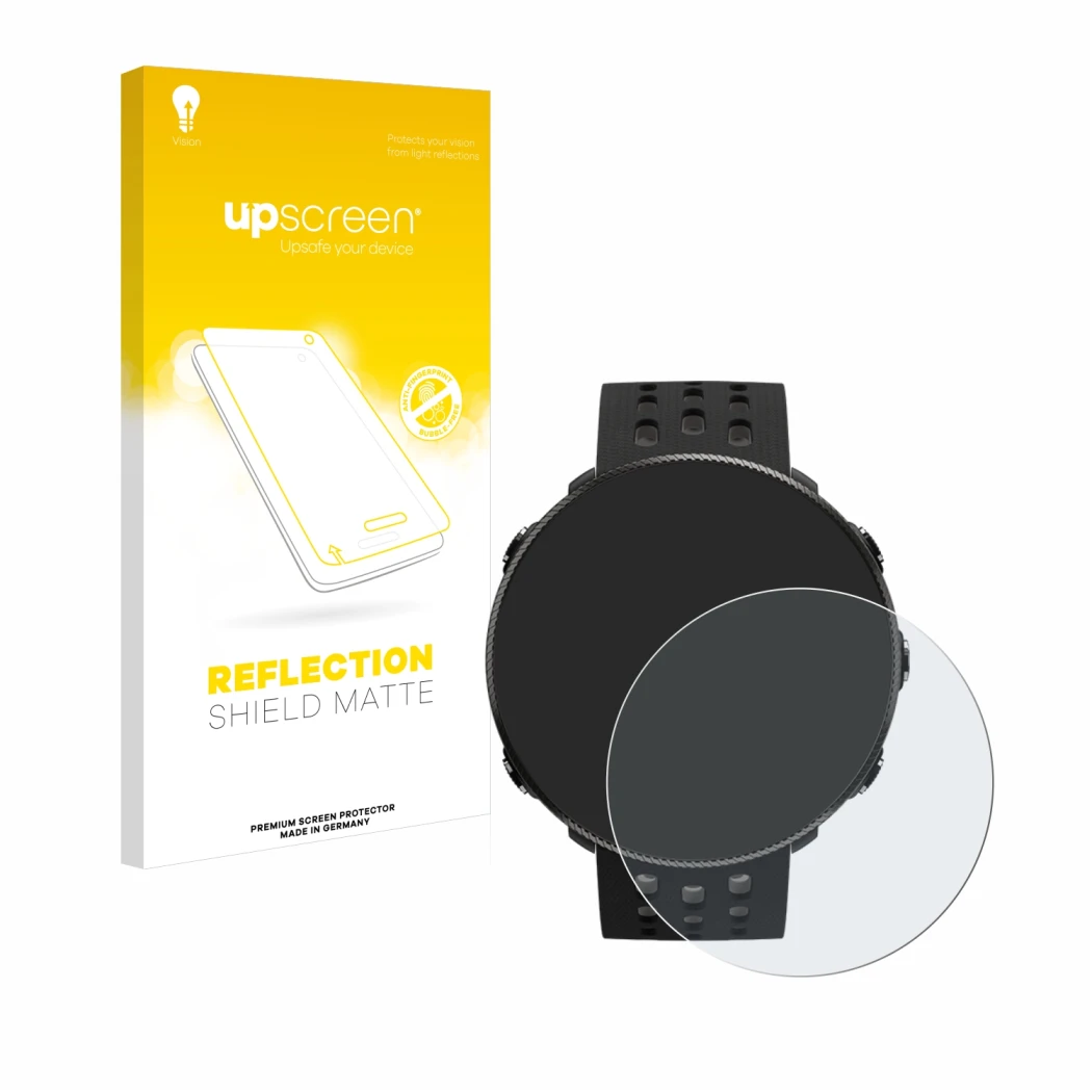 Parte frontale di una confezione del prodotto con il logo del marchio upscreen. Accanto è raffigurato il dispositivo Polar Van