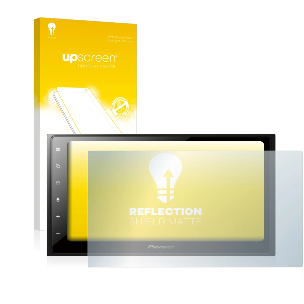 Parte frontale di una confezione del prodotto con il logo del marchio upscreen. Accanto è raffigurato il dispositivo Pioneer S