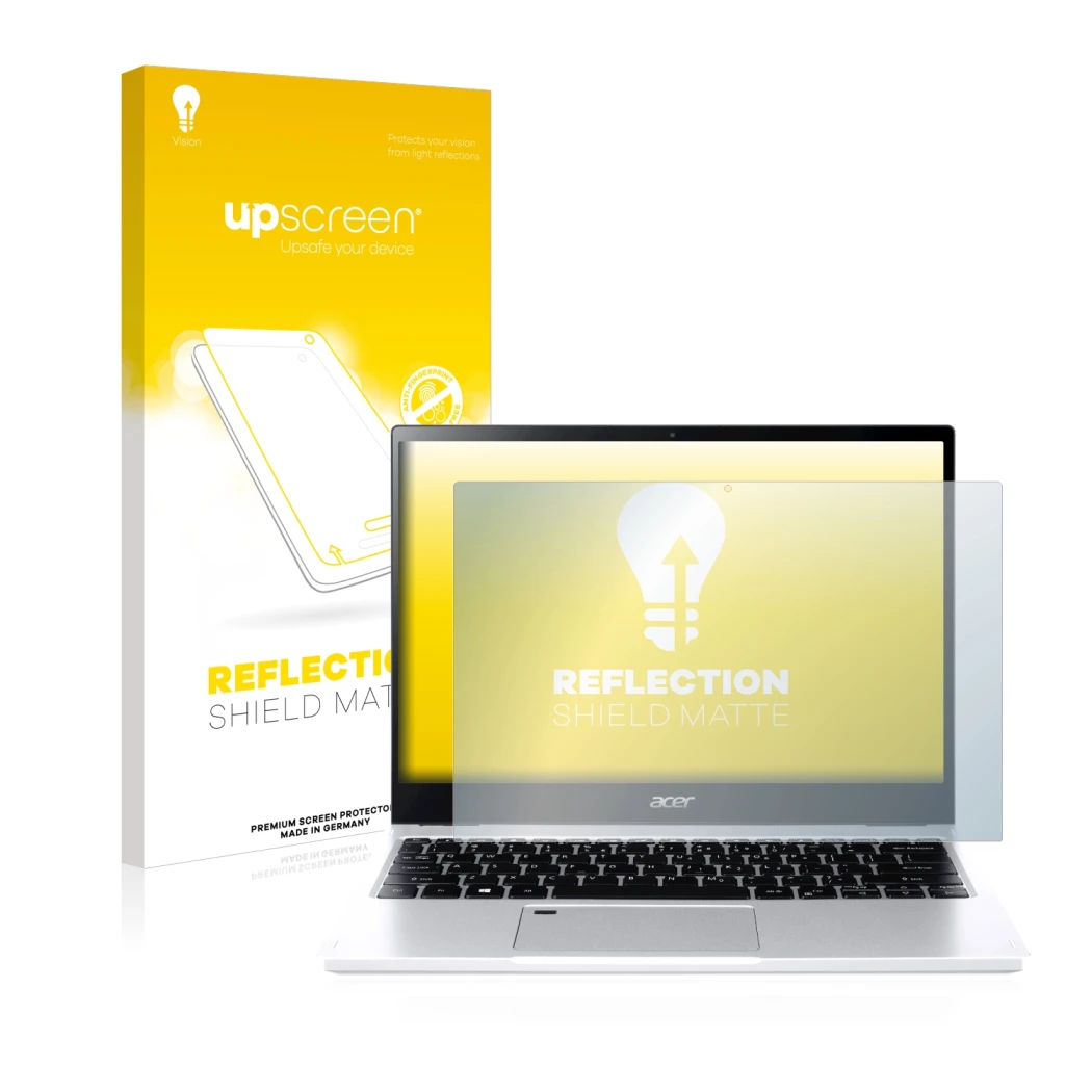 Parte frontale di una confezione del prodotto con il logo del marchio upscreen. Accanto è raffigurato il dispositivo Acer Spin