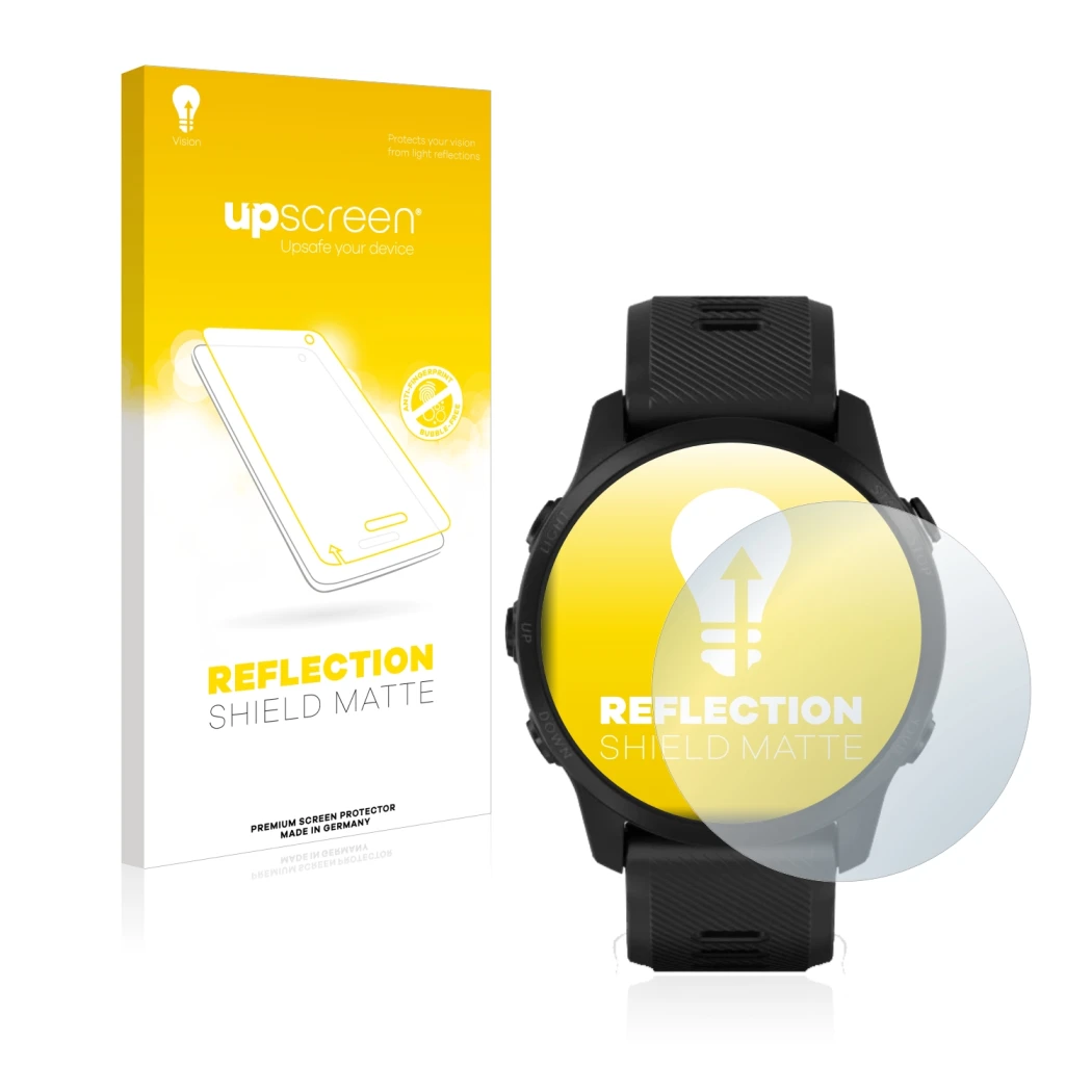 Parte frontale di una confezione del prodotto con il logo del marchio upscreen. Accanto è raffigurato il dispositivo Garmin Fo