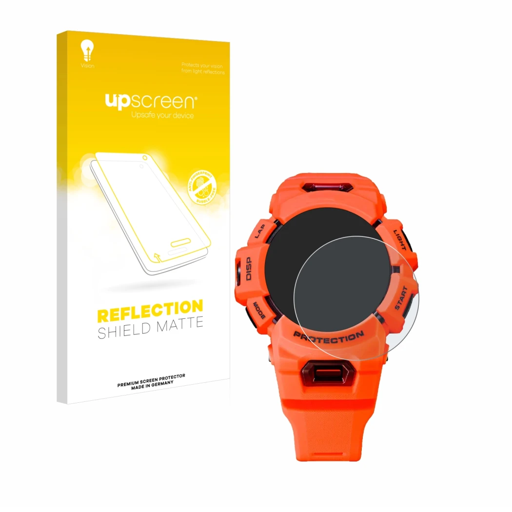 Parte frontale di una confezione del prodotto con il logo del marchio upscreen. Accanto è raffigurato il dispositivo Casio G-S