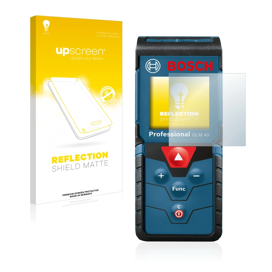 Parte frontale di una confezione del prodotto con il logo del marchio upscreen. Accanto è raffigurato il dispositivo Bosch GLM