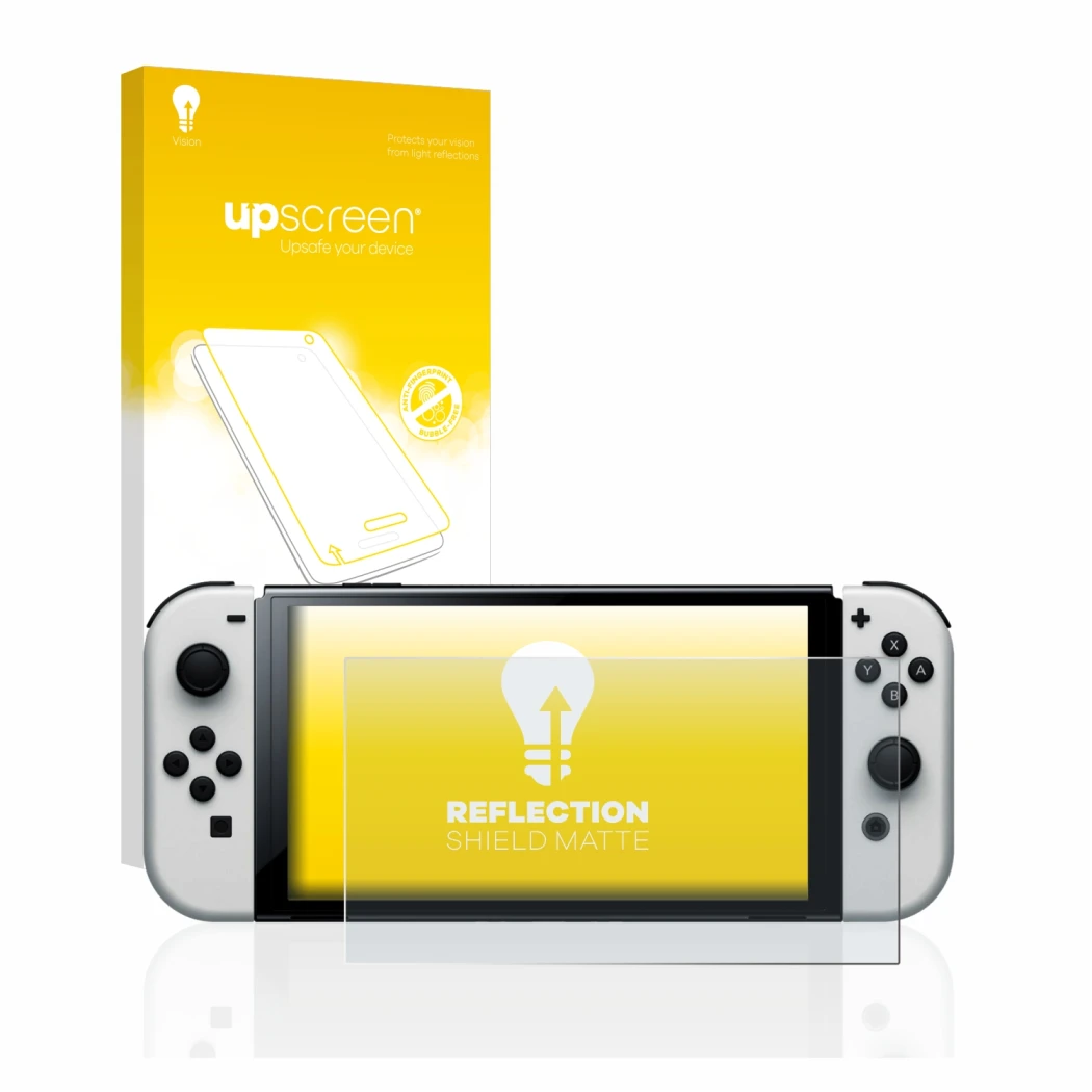 Parte frontale di una confezione del prodotto con il logo del marchio upscreen. Accanto è raffigurato il dispositivo Nintendo