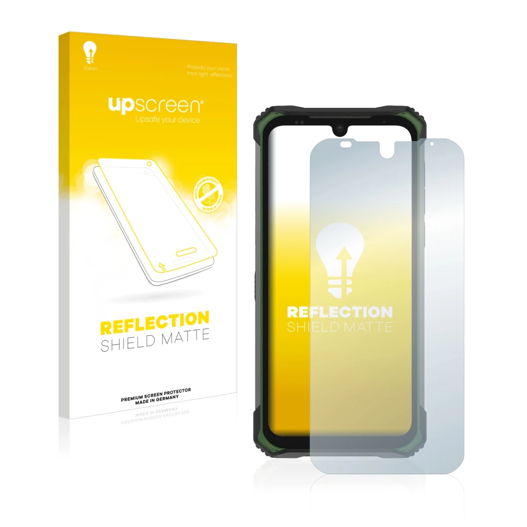 Parte frontale di una confezione del prodotto con il logo del marchio upscreen. Accanto è raffigurato il dispositivo Doogee S8