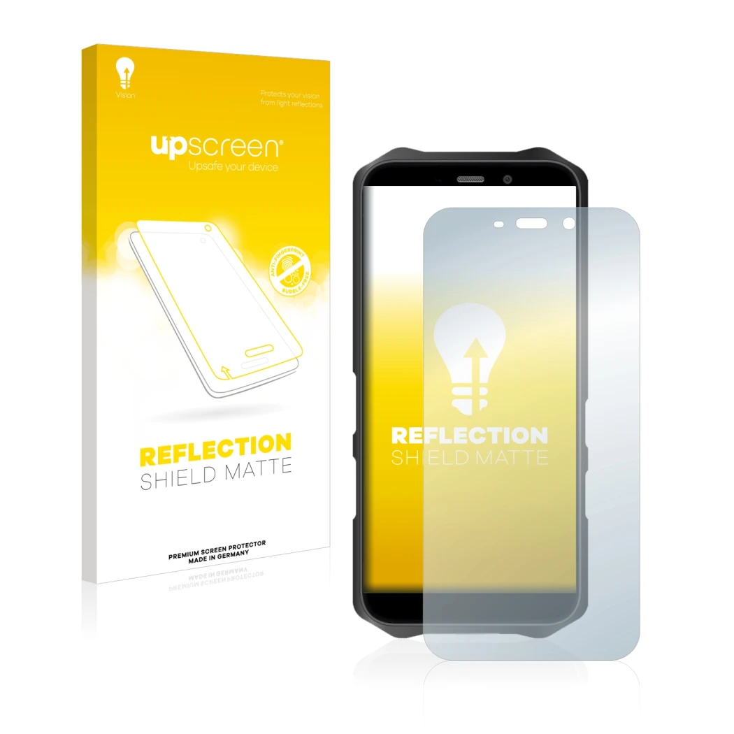 Parte frontale di una confezione del prodotto con il logo del marchio upscreen. Accanto è raffigurato il dispositivo Oukitel W