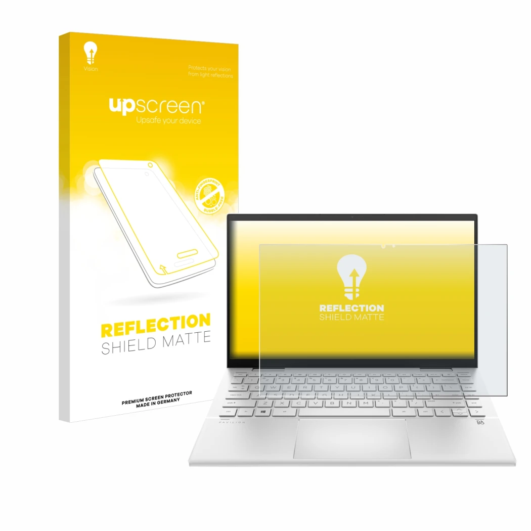 Parte frontale di una confezione del prodotto con il logo del marchio upscreen. Accanto è raffigurato il dispositivo HP Pavili