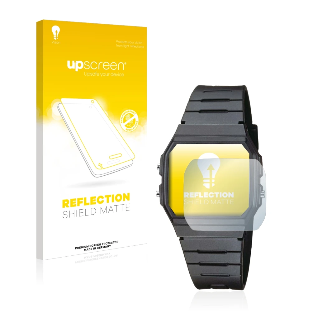 Parte frontale di una confezione del prodotto con il logo del marchio upscreen. Accanto è raffigurato il dispositivo Casio Col