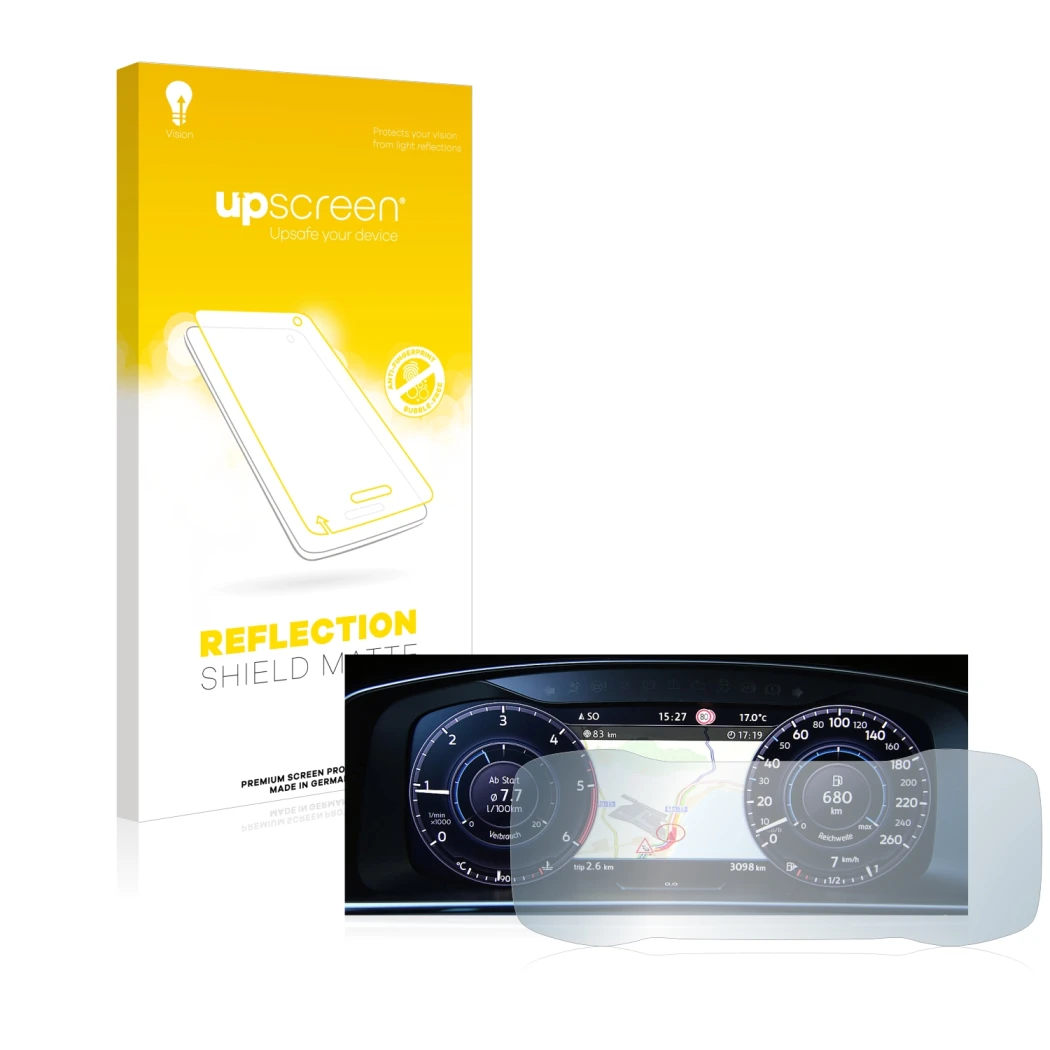 Parte frontale di una confezione del prodotto con il logo del marchio upscreen. Accanto è raffigurato il dispositivo Volkswage