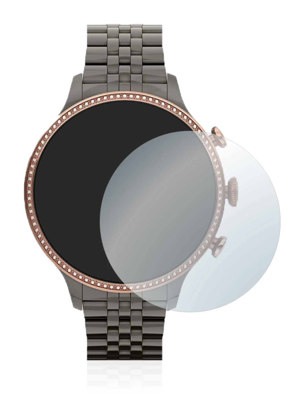 Immagine del dispositivo Fossil Gen 6 (42mm) con un'ampia varietà di protezioni per lo schermo.
