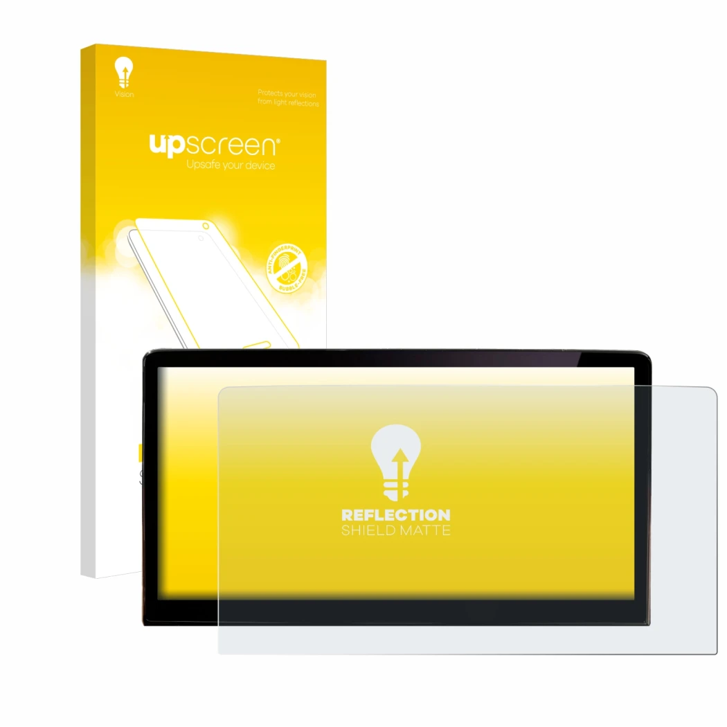 Parte frontale di una confezione del prodotto con il logo del marchio upscreen. Accanto è raffigurato il dispositivo Skoda Eny