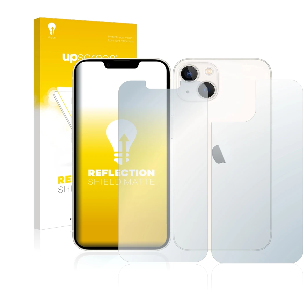 Parte frontale di una confezione del prodotto con il logo del marchio upscreen. Accanto è raffigurato il dispositivo Apple iPh