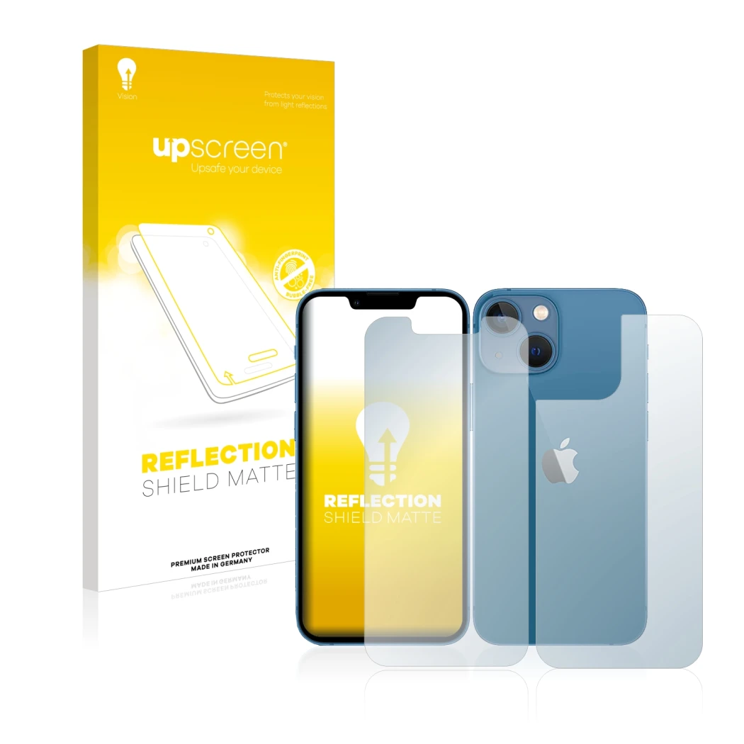 Parte frontale di una confezione del prodotto con il logo del marchio upscreen. Accanto è raffigurato il dispositivo Apple iPh