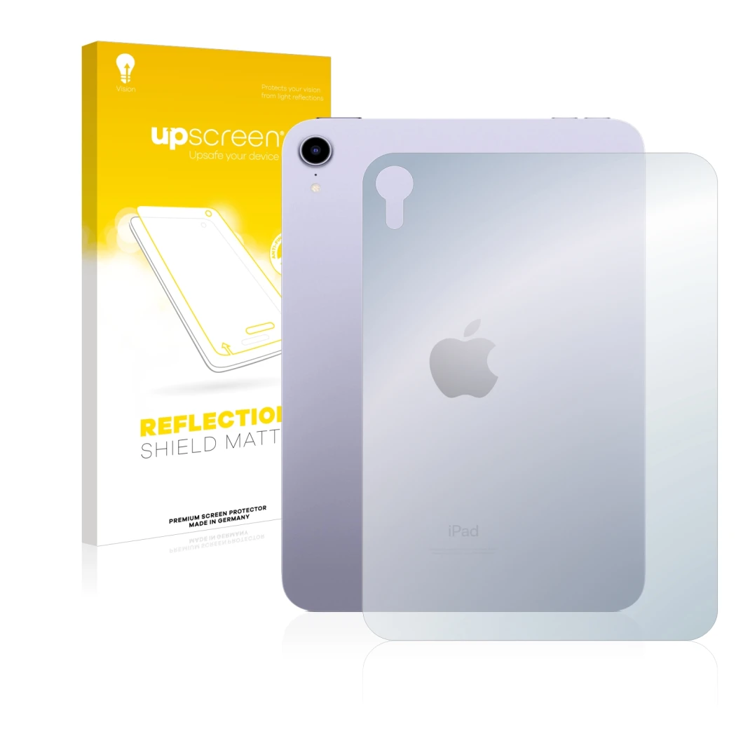 Parte frontale di una confezione del prodotto con il logo del marchio upscreen. Accanto è raffigurato il dispositivo Apple iPa